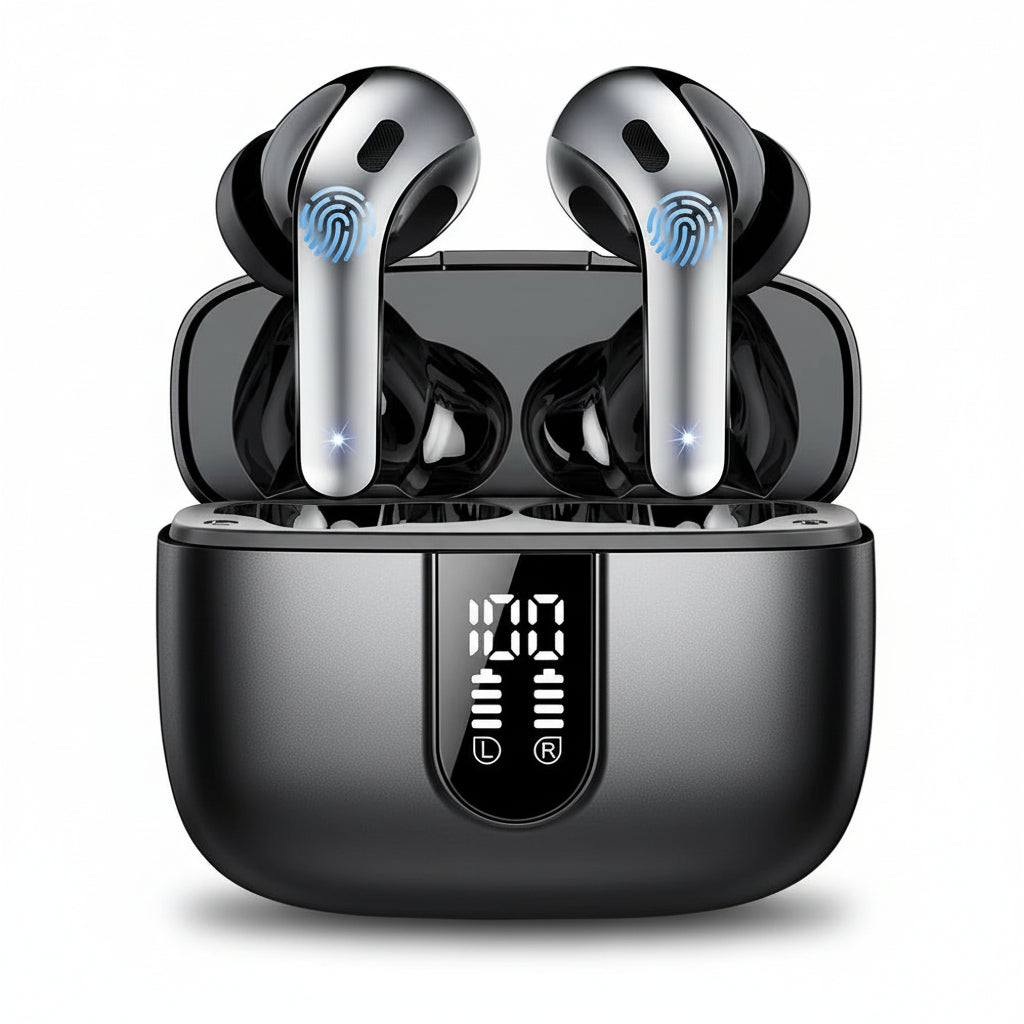 Wireless Bluetooth Earbuds Headphones 52 Hrs Playtime IPX7 Waterproof 4 Mic Call Noise Cancelling with LED Display Charging Case